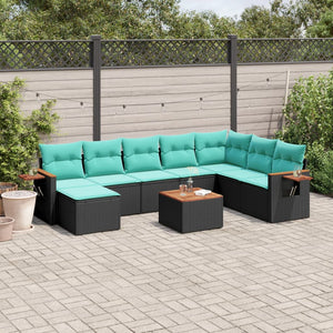 Set Divani da Giardino 9 pz con Cuscini Nero in Polyrattan
