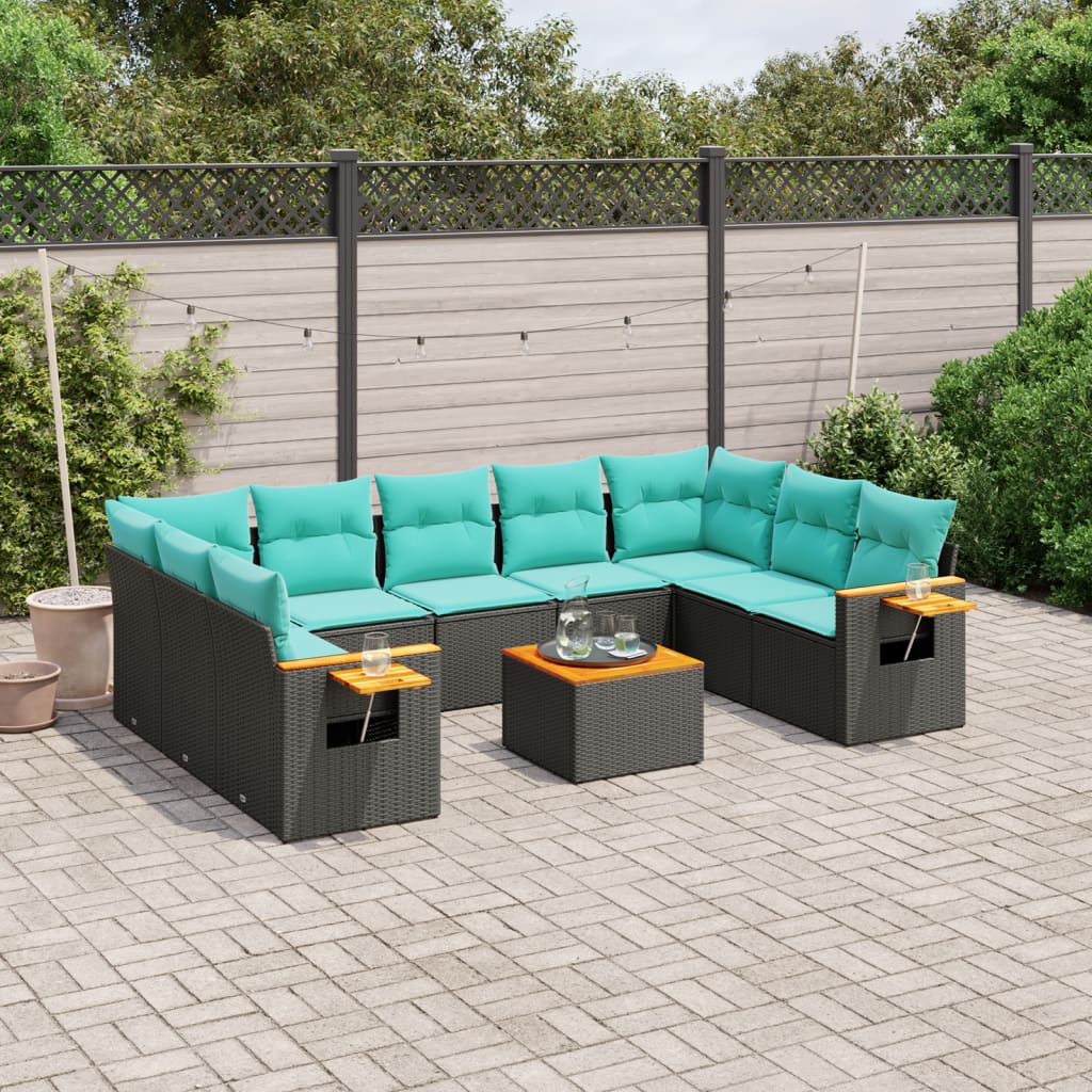 Set Divani da Giardino 10 pz con Cuscini Nero in Polyrattan
