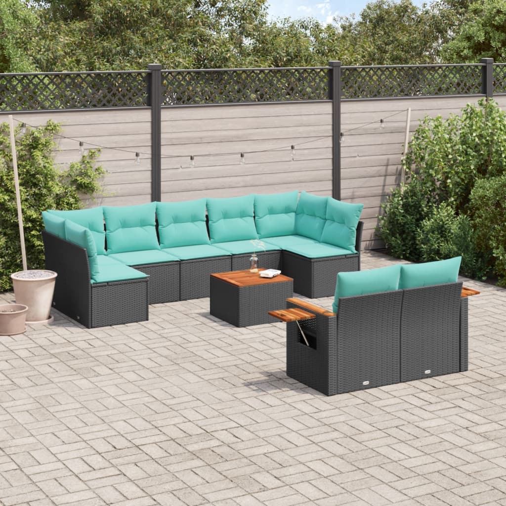 Set Divani da Giardino 10 pz con Cuscini Nero in Polyrattan