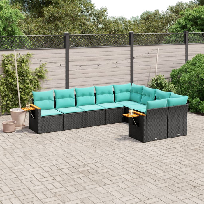 Set Divani da Giardino 9 pz con Cuscini Nero in Polyrattan