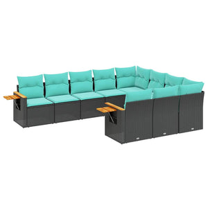 Set Divani da Giardino 10pz con Cuscini in Polyrattan Nero