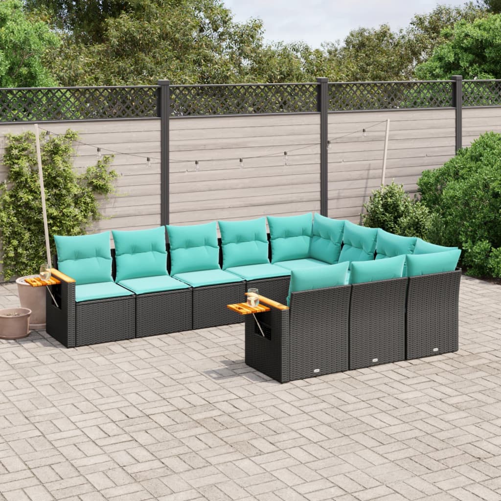 Set Divani da Giardino 10pz con Cuscini in Polyrattan Nero