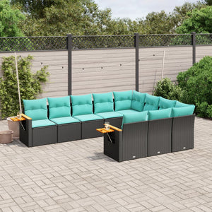 Set Divani da Giardino 10pz con Cuscini in Polyrattan Nero