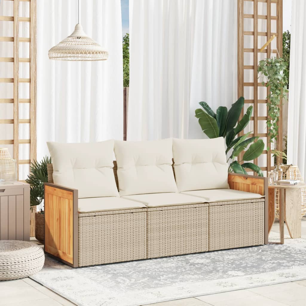 Set Divano da Giardino 3 pz con Cuscini-Sofa da Giardino-Divanetto da esterno Beige in Polyrattan 213553