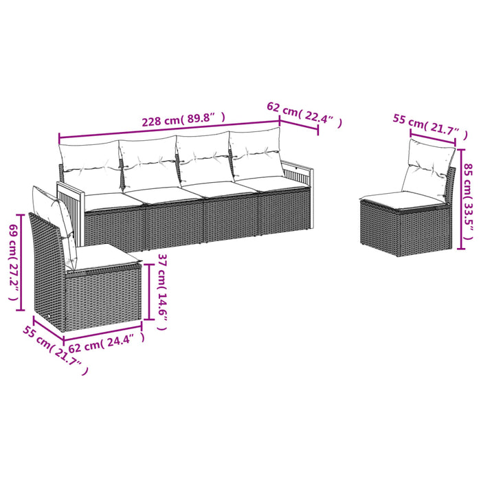 Set Divano da Giardino 6 pz con Cuscini-Sofa da Giardino-Divanetto da esterno Nero in Polyrattan 550136