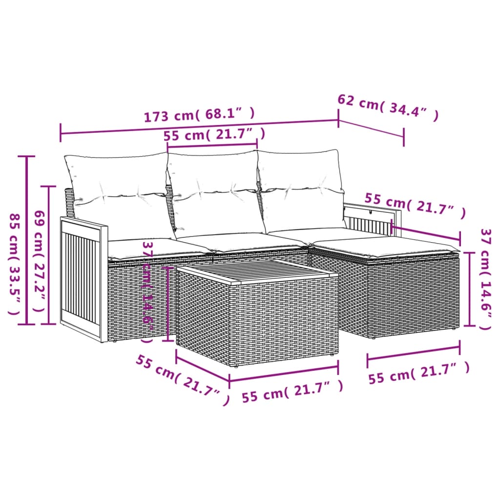 Set Divano da Giardino 5 pz con Cuscini-Sofa da Giardino-Divanetto da esterno Beige in Polyrattan 720376