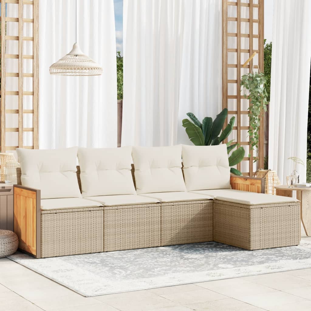 Set Divano da Giardino 5 pz con Cuscini-Sofa da Giardino-Divanetto da esterno Beige in Polyrattan 724243