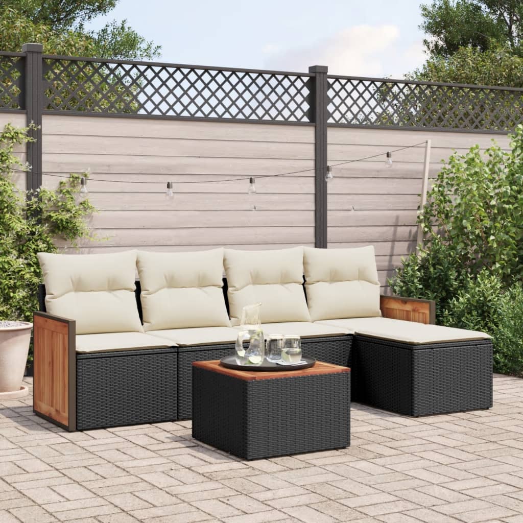 Set Divano da Giardino 6 pz con Cuscini-Sofa da Giardino-Divanetto da esterno Nero in Polyrattan 391797