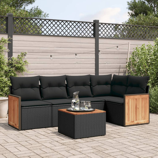 Set Divano da Giardino 6 pz con Cuscini Nero in Polyrattan