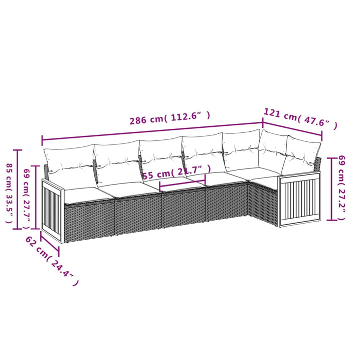 Set Divano da Giardino 6 pz con Cuscini-Sofa da Giardino-Divanetto da esterno Nero in Polyrattan 100743