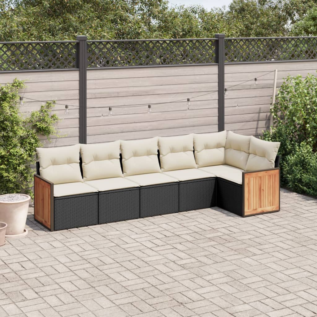 Set Divano da Giardino 6 pz con Cuscini-Sofa da Giardino-Divanetto da esterno Nero in Polyrattan 100743