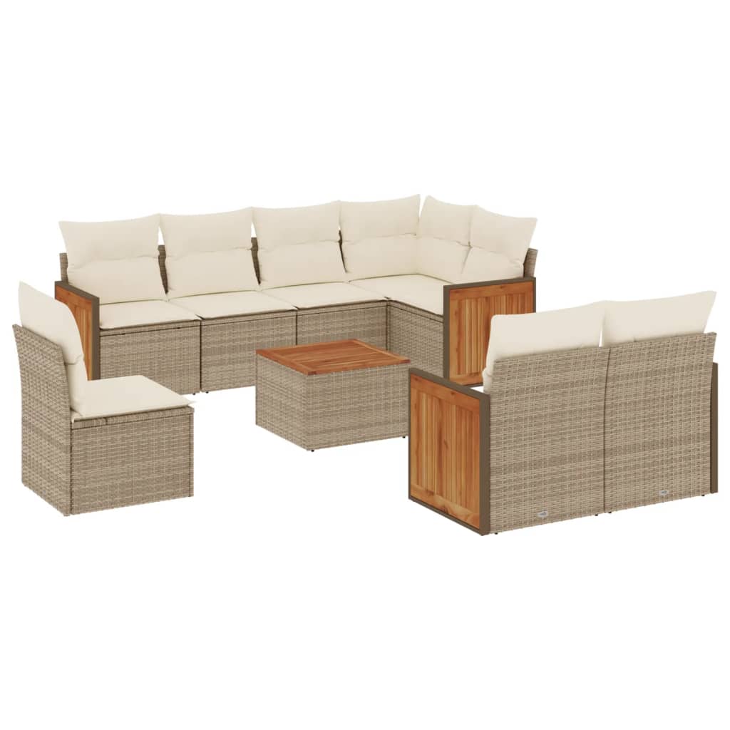 Set Divano da Giardino 9 pz con Cuscini Beige in Polyrattan