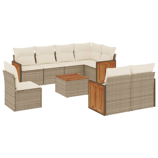 Set Divano da Giardino 9 pz con Cuscini Beige in Polyrattan