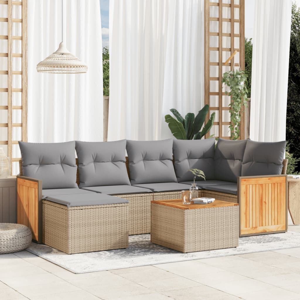 Set Divani da Giardino 7 pz con Cuscini Beige in Polyrattan