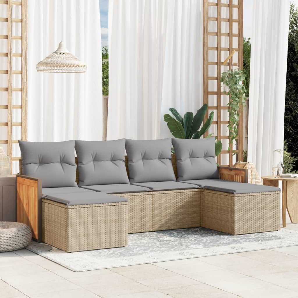 Set Divano da Giardino 6 pz con Cuscini-Sofa da Giardino-Divanetto da esterno Beige in Polyrattan 349040