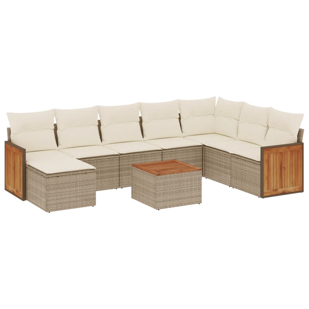 Set Divano da Giardino 9 pz con Cuscini Beige in Polyrattan