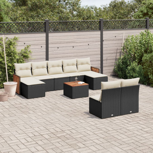 Set Divani da Giardino 10pz con Cuscini in Polyrattan Nero