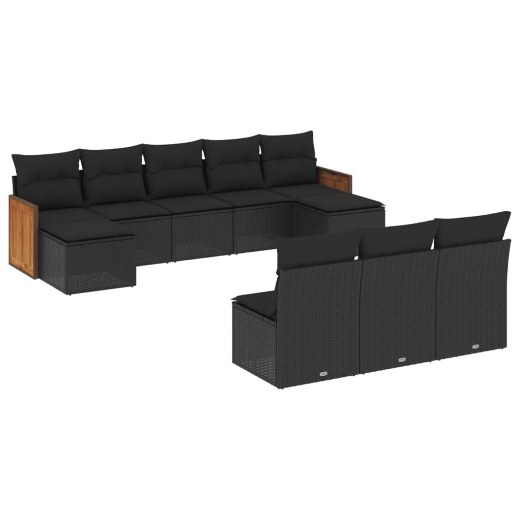 Set Divani da Giardino 10pz con Cuscini in Polyrattan Nero