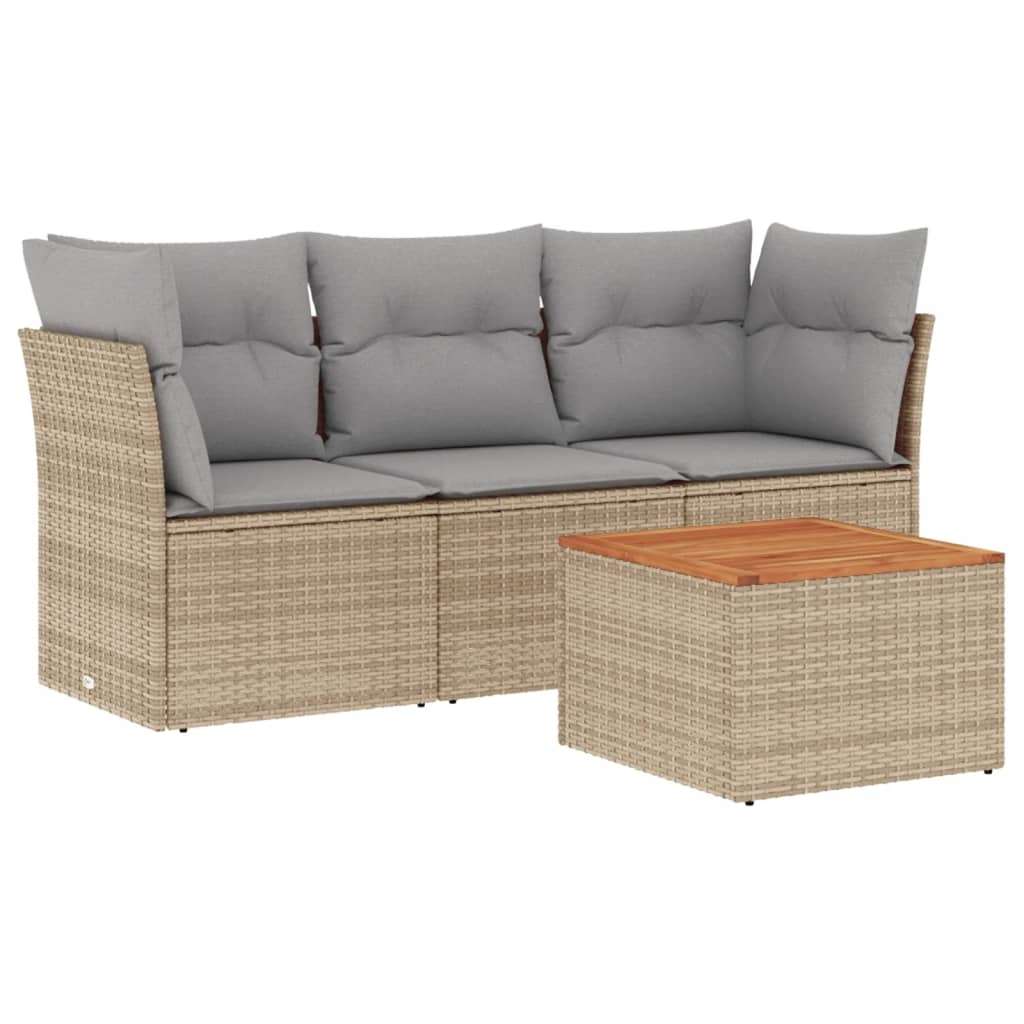 Set Divano da Giardino 4 pz con Cuscini Beige in Polyrattan