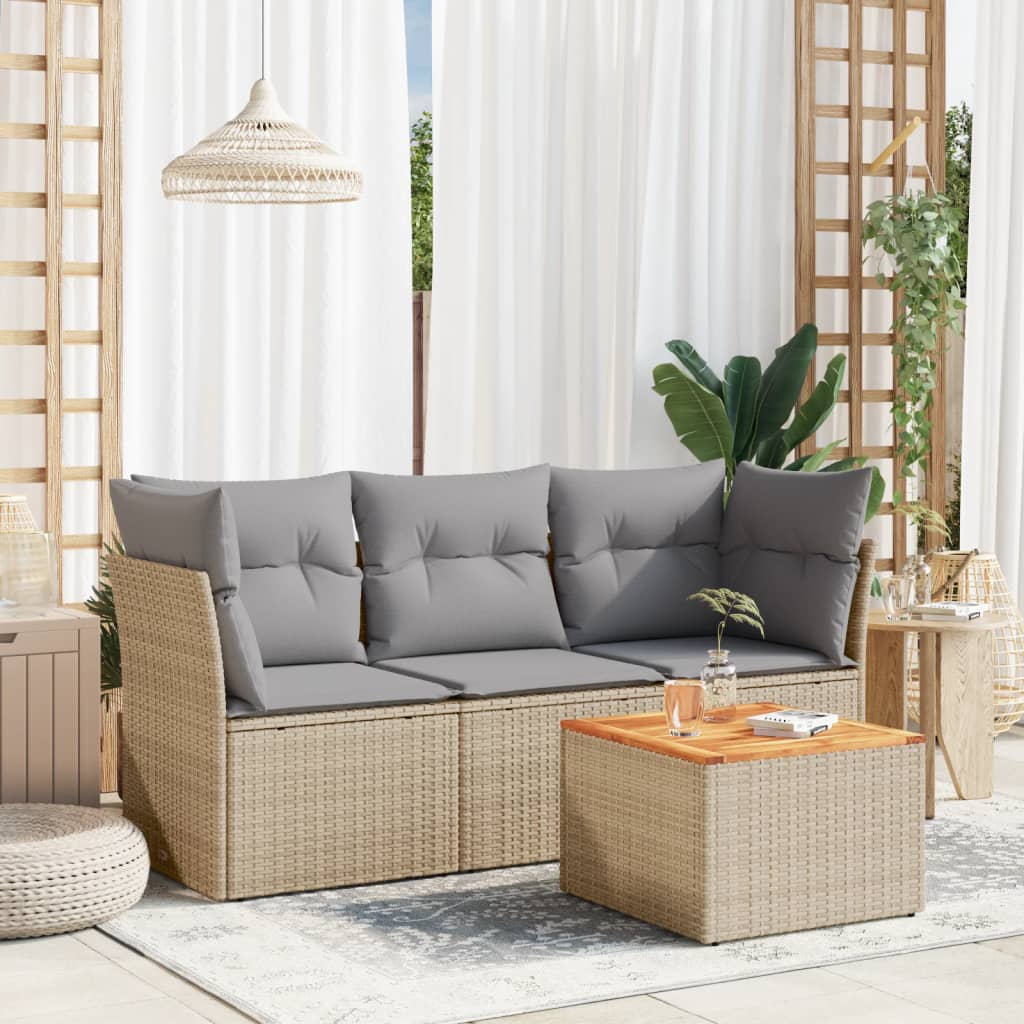 Set Divano da Giardino 4 pz con Cuscini-Sofa da Giardino-Divanetto da esterno Beige in Polyrattan 377550
