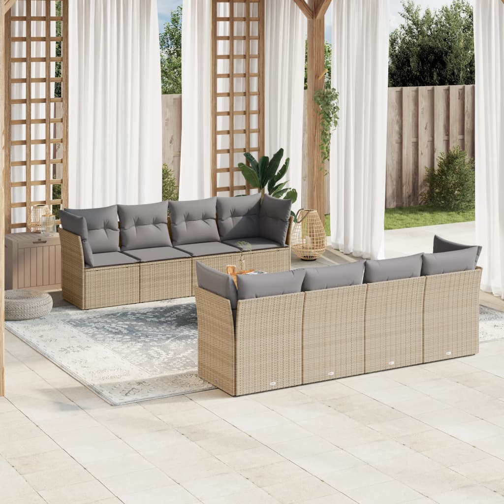 Set Divano da Giardino 9 pz con Cuscini Beige in Polyrattan