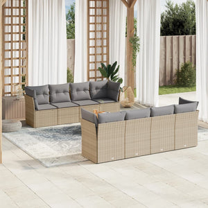 Set Divano da Giardino 9 pz con Cuscini Beige in Polyrattan