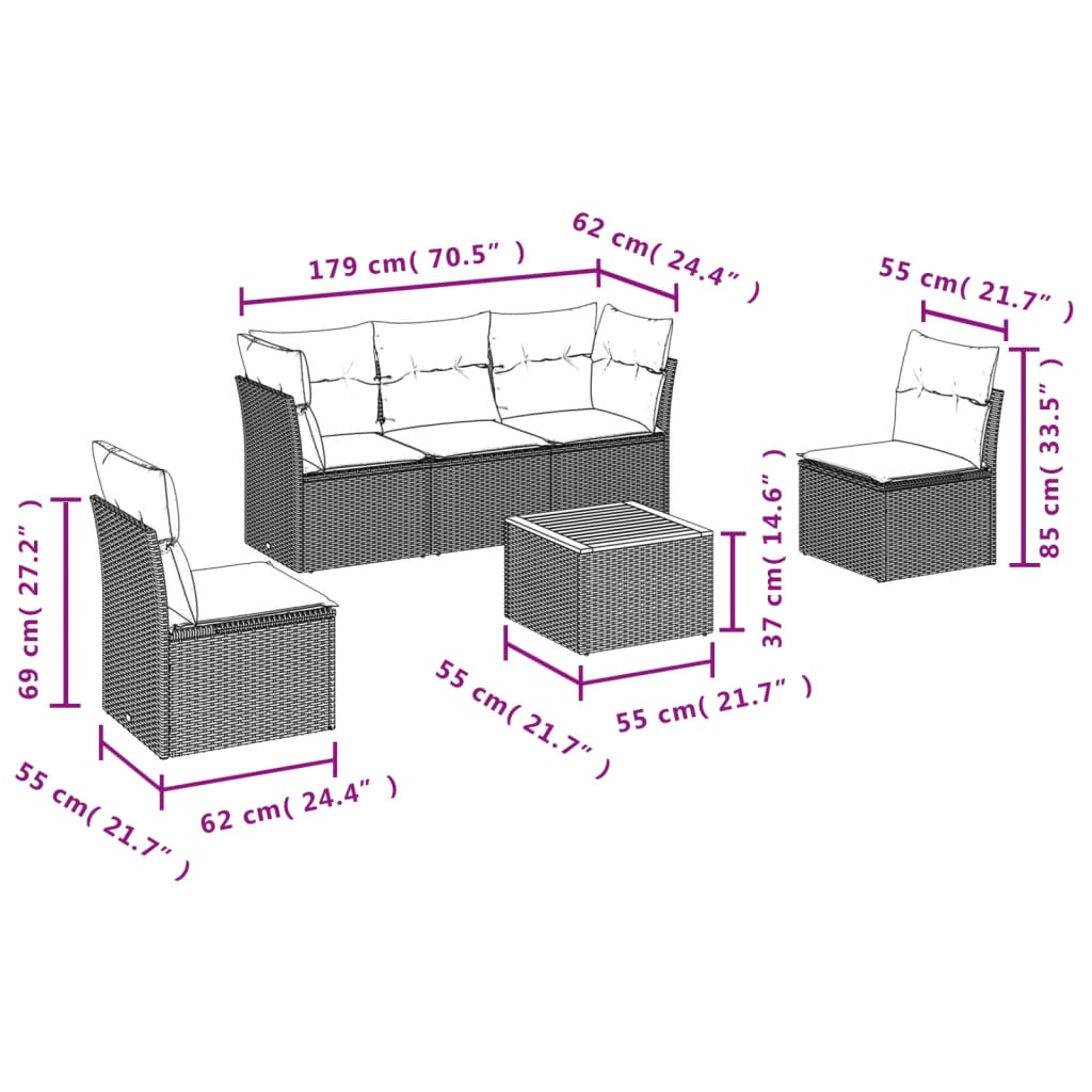 Set Divano da Giardino 6 pz con Cuscini-Sofa da Giardino-Divanetto da esterno Nero in Polyrattan 206905