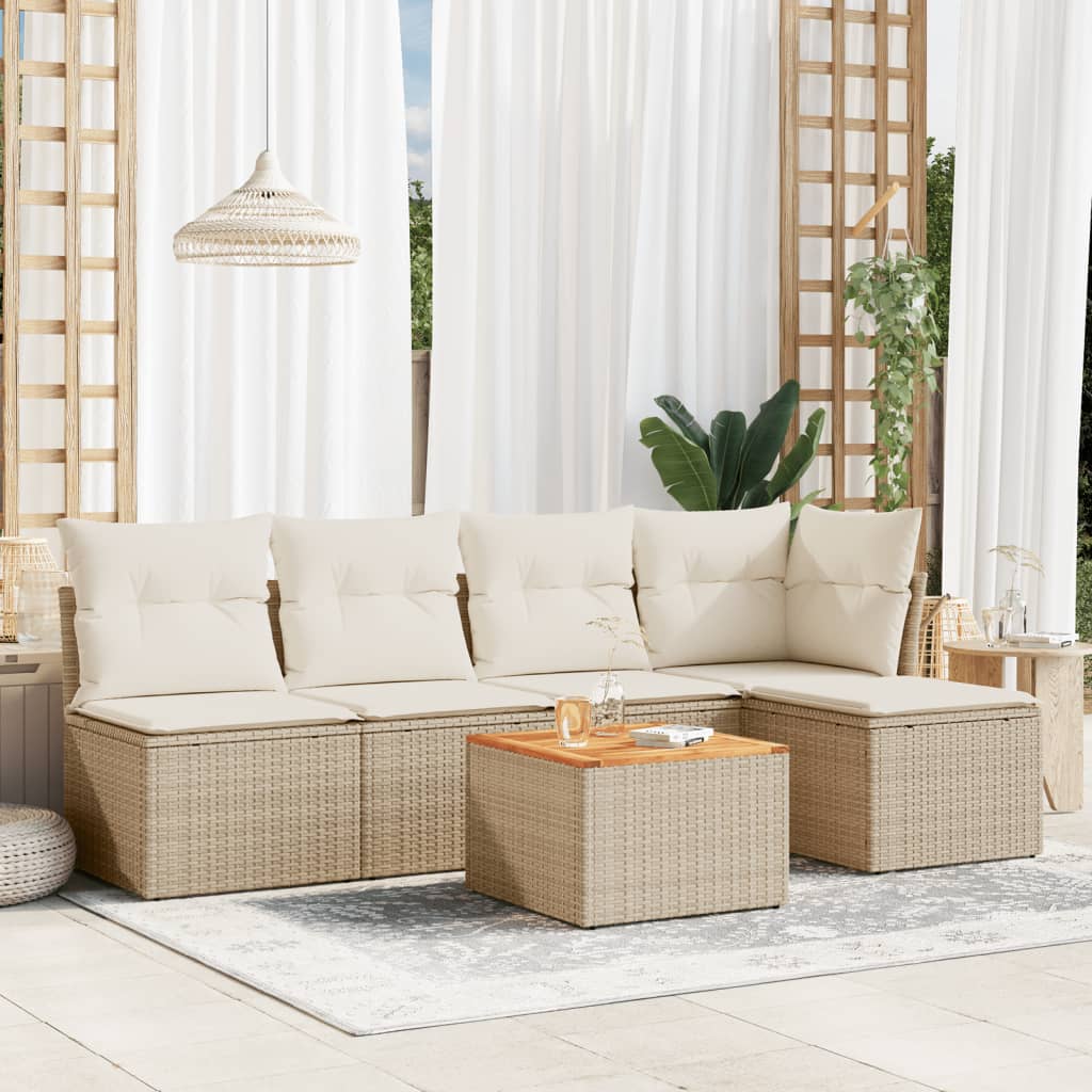 Set Divano da Giardino 6 pz con Cuscini-Sofa da Giardino-Divanetto da esterno Beige in Polyrattan 829193