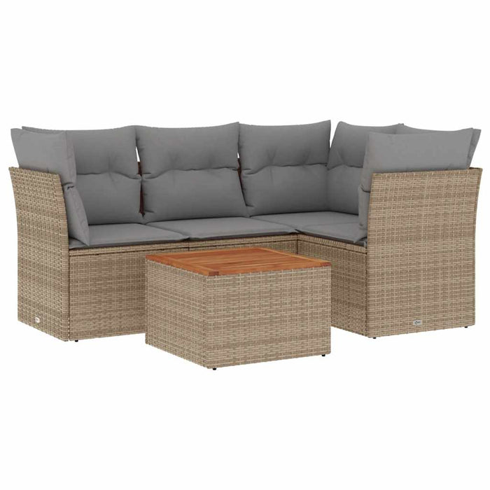 Set Divano da Giardino 5 pz con Cuscini Beige in Polyrattan