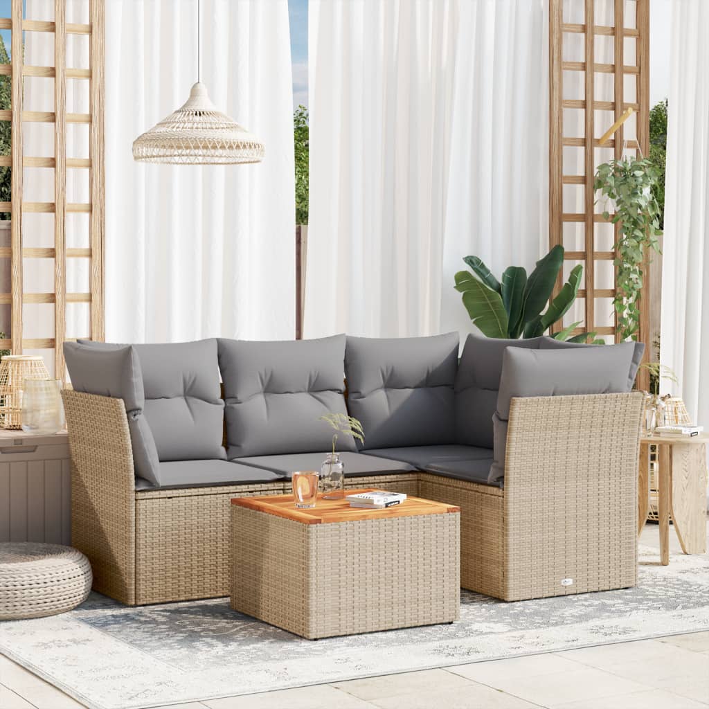 Set Divano da Giardino 5 pz con Cuscini-Sofa da Giardino-Divanetto da esterno Beige in Polyrattan 835219