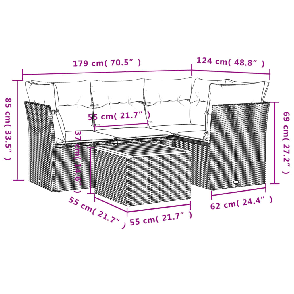 Set Divano da Giardino 5 pz con Cuscini-Sofa da Giardino-Divanetto da esterno Grigio in Polyrattan 916675