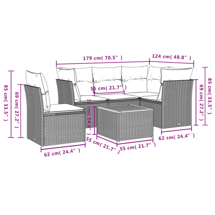 Set Divano da Giardino 6 pz con Cuscini-Sofa da Giardino-Divanetto da esterno Grigio in Polyrattan 739270
