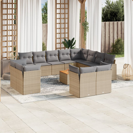 Set Divano da Giardino 13 pz con Cuscini Beige in Polyrattan