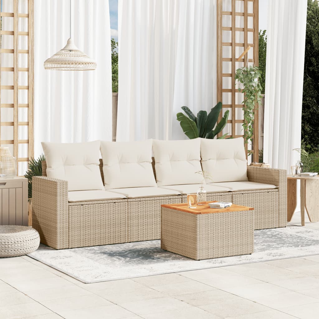 Set Divano da Giardino 5 pz con Cuscini-Sofa da Giardino-Divanetto da esterno Beige in Polyrattan 115583