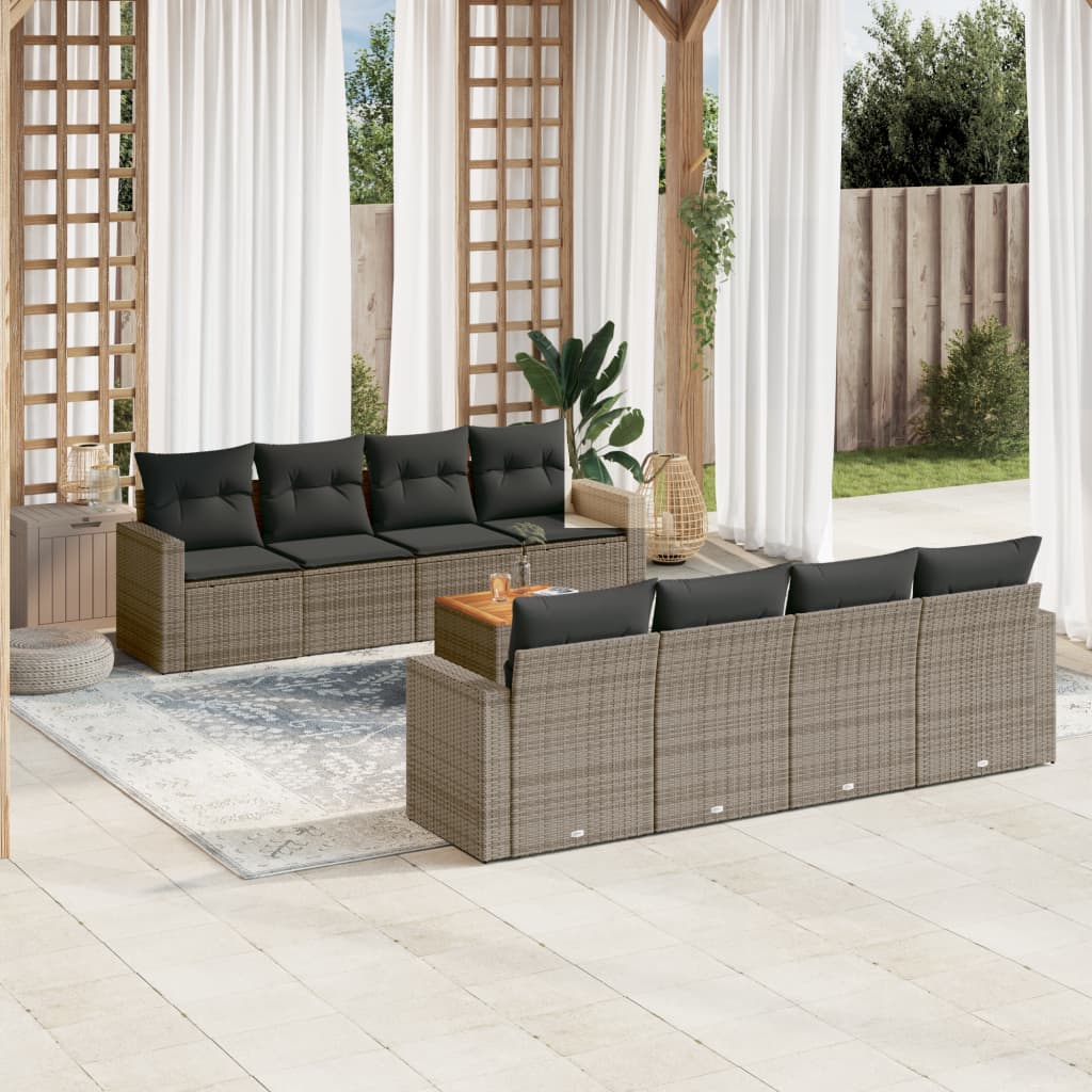 Set Divano da Giardino 9 pz con Cuscini Grigio in Polyrattan 3224044