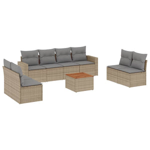 Set Divano da Giardino 9 pz con Cuscini Beige in Polyrattan