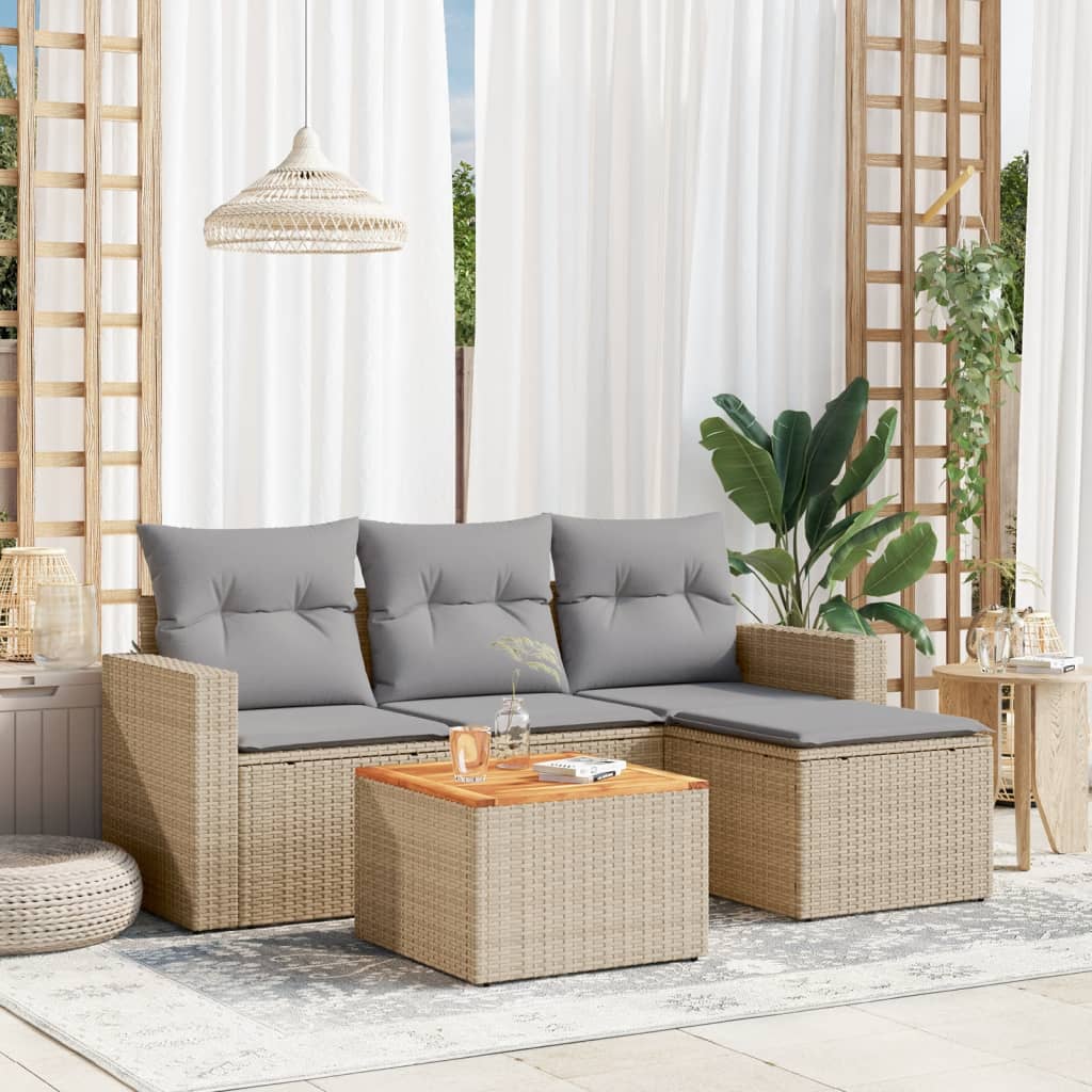 Set Divano da Giardino 5 pz con Cuscini-Sofa da Giardino-Divanetto da esterno Beige in Polyrattan 855172