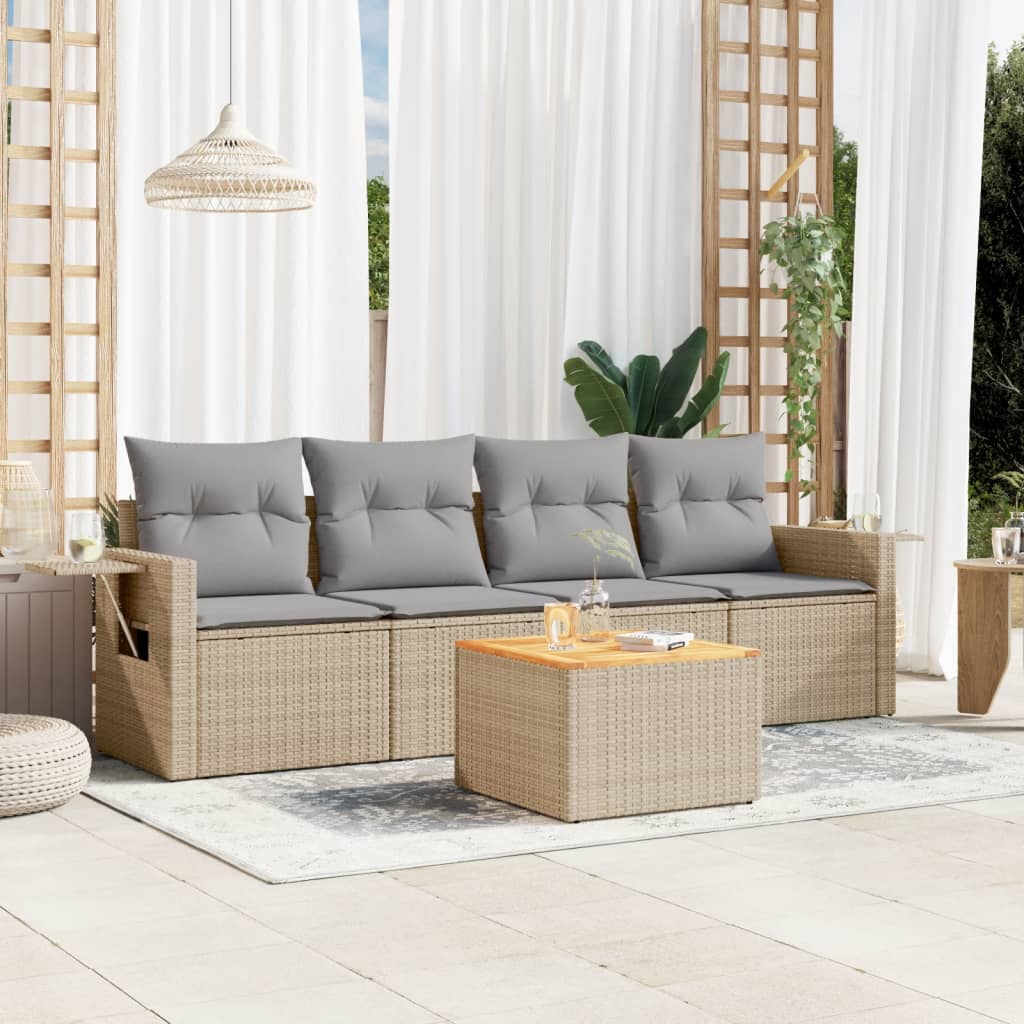 Set Divano da Giardino 5 pz con Cuscini-Sofa da Giardino-Divanetto da esterno Beige in Polyrattan 826213
