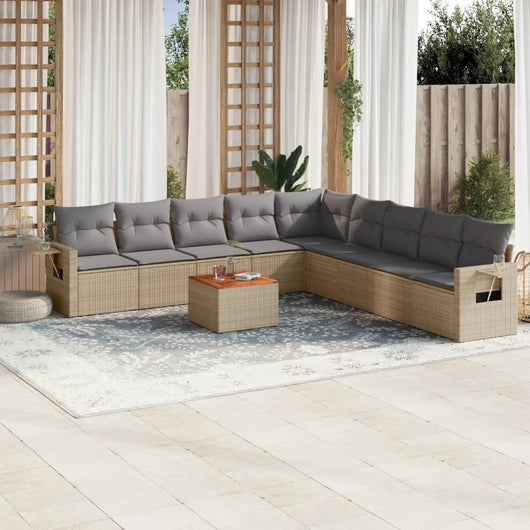Set Divano da Giardino 10 pz con Cuscini Beige in Polyrattan