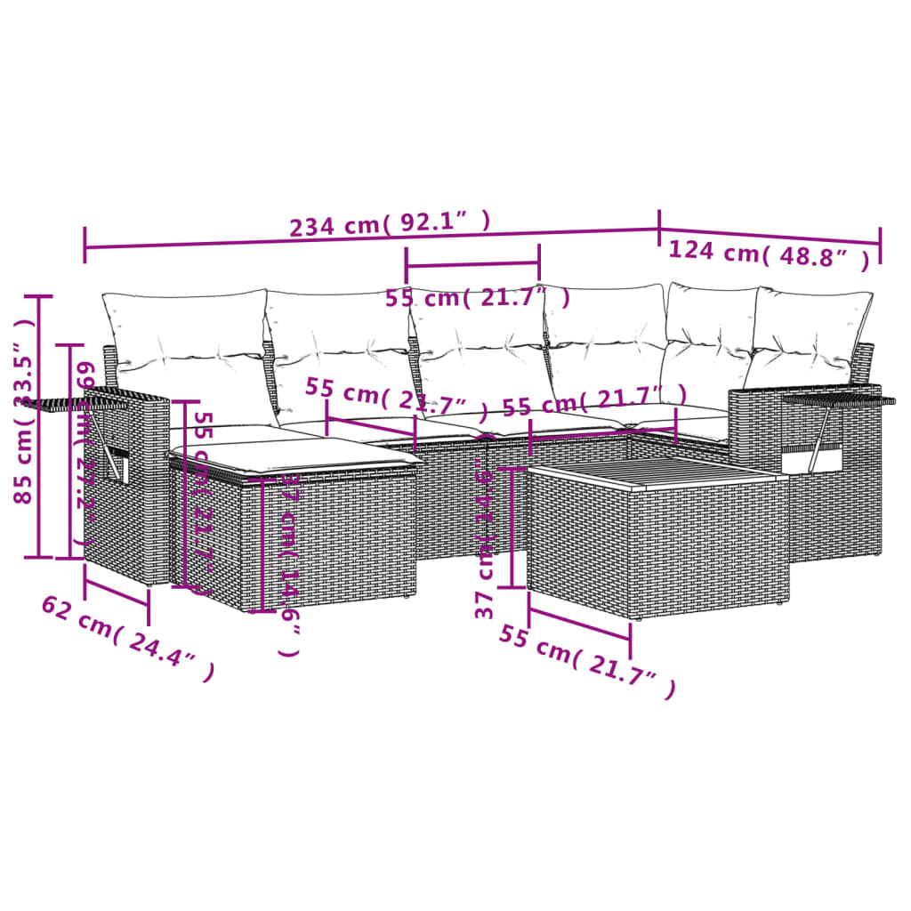 Set Divani da Giardino 7 pz con Cuscini Grigio in Polyrattan 3224667