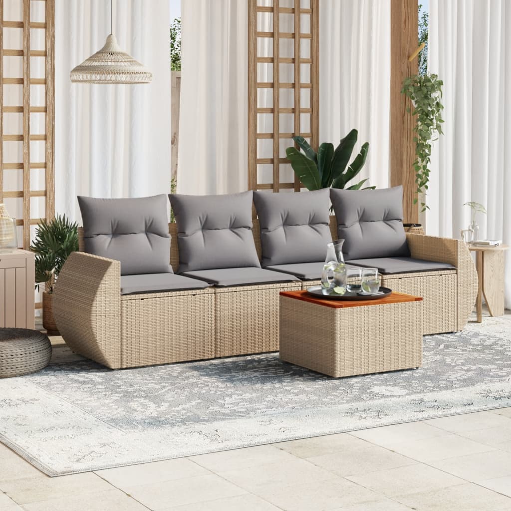 Set Divano da Giardino 5 pz con Cuscini-Sofa da Giardino-Divanetto da esterno Beige in Polyrattan 842407