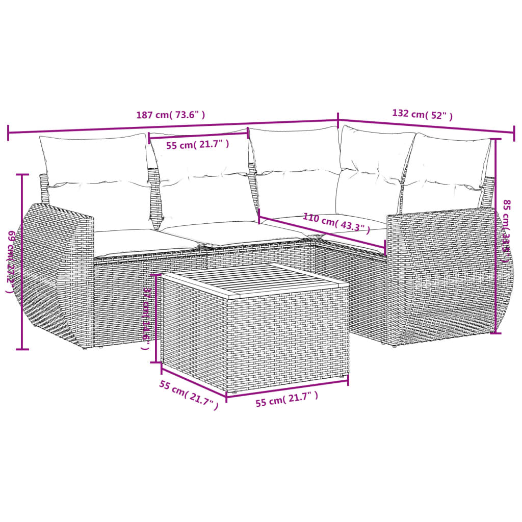 Set Divani da Giardino 5 pz con Cuscini in Polyrattan Nero 3224984