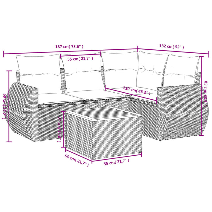 Set Divano da Giardino 5 pz con Cuscini-Sofa da Giardino-Divanetto da esterno Grigio in Polyrattan 394124