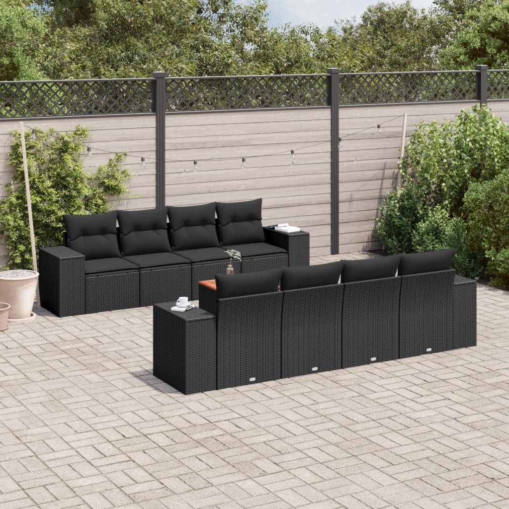 Set Divani da Giardino 9 pz con Cuscini Nero in Polyrattan 3225362