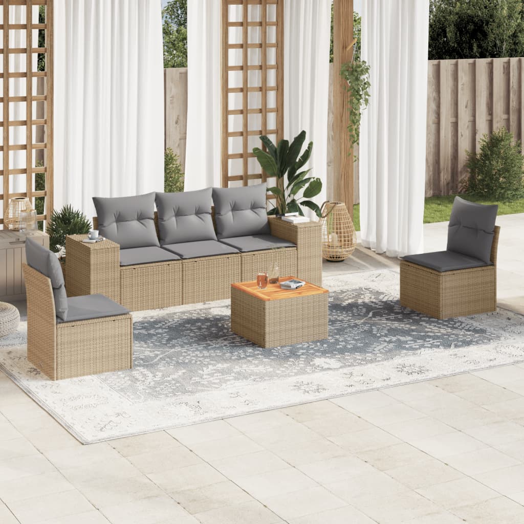 Set Divano da Giardino 6 pz con Cuscini Beige in Polyrattan