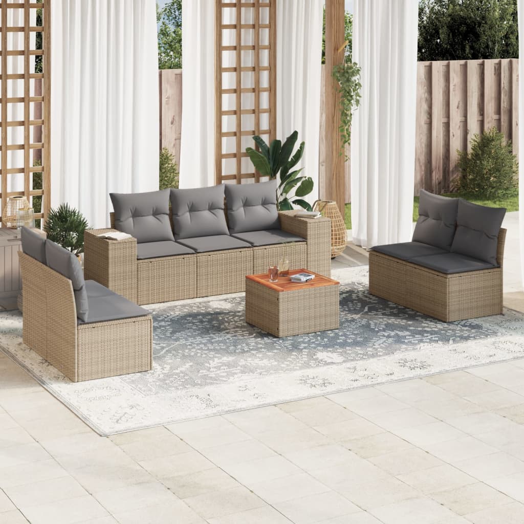 Set Divano da Giardino 8 pz con Cuscini Beige in Polyrattan