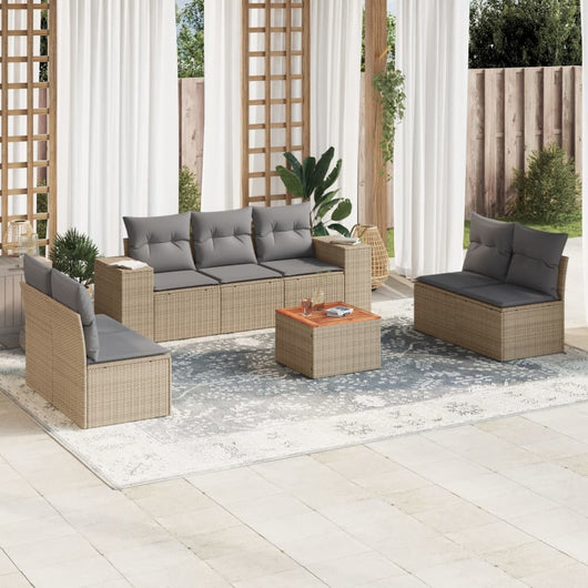 Set Divano da Giardino 8 pz con Cuscini Beige in Polyrattan