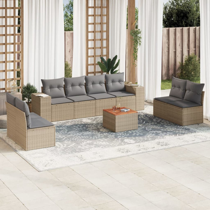 Set Divano da Giardino 9 pz con Cuscini Beige in Polyrattan