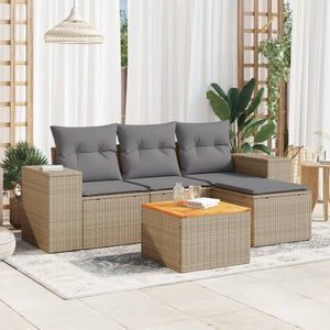 Set Divano da Giardino 5 pz con Cuscini Beige in Polyrattan