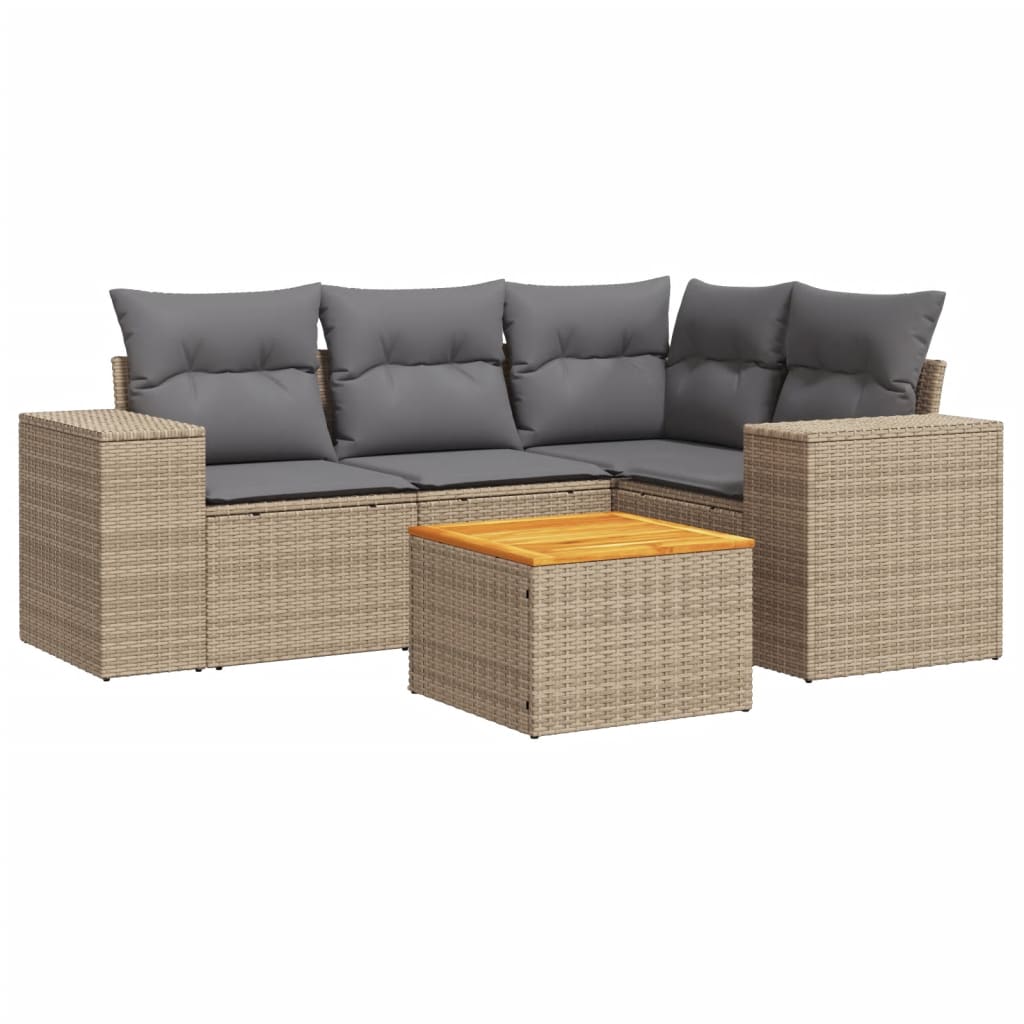 Set Divano da Giardino 5 pz con Cuscini Beige in Polyrattan